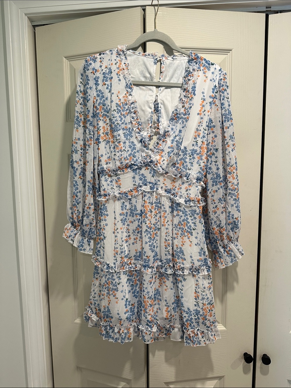 Womens Deep V Neck Ruffle Long Sleeve Floral Print Mini Dress